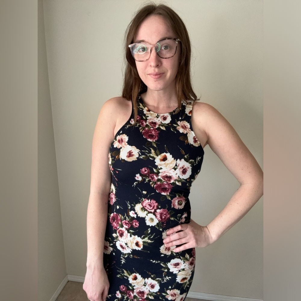 Dark navy floral fitted dress